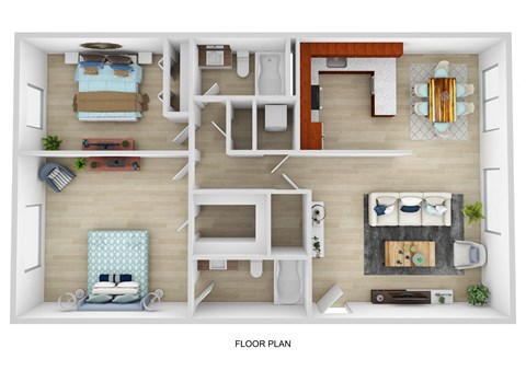 Floor plan for 2 beds, 2 baths, 1225 sqft